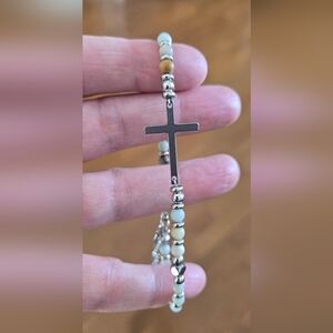 Stainless Steel Cross Bead Bracelet in Silver and Cream